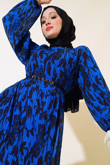 Desenli Şifon Elbise Saks - Tesettür Elbise