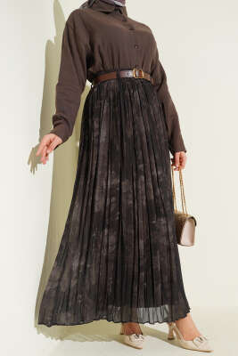 Desenli Sık Pileli Şifon Etek Kahve - ALİ AKKAYA