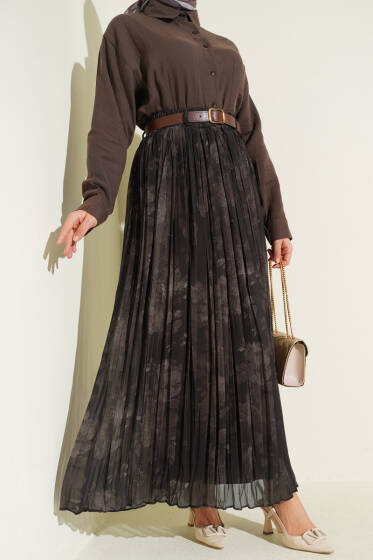 Desenli Sık Pileli Şifon Etek Kahve - Etek