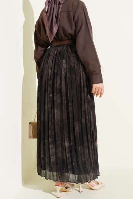 Desenli Sık Pileli Şifon Etek Kahve - Etek