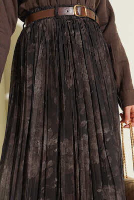 Desenli Sık Pileli Şifon Etek Kahve - Etek