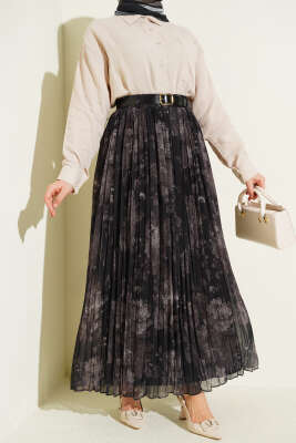 Desenli Sık Pileli Şifon Etek Siyah - ALİ AKKAYA