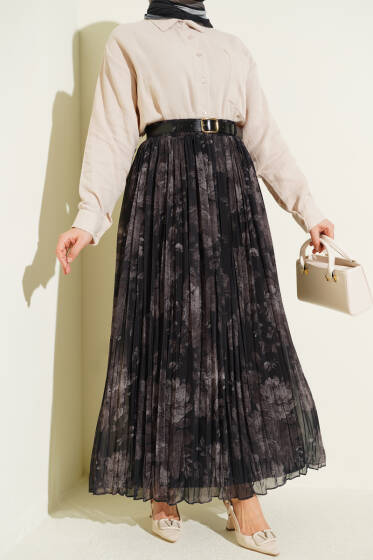 Desenli Sık Pileli Şifon Etek Siyah - Etek