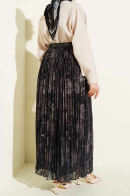 Desenli Sık Pileli Şifon Etek Siyah - Etek