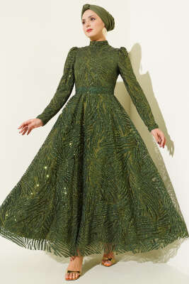 Desenli Simli Pullu Abiye Elbise Haki - CNR TEKSTİL