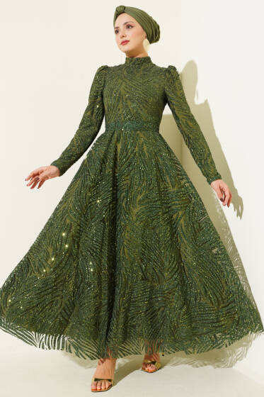 Desenli Simli Pullu Abiye Elbise Haki - Elbise