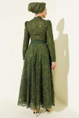 Desenli Simli Pullu Abiye Elbise Haki - Elbise