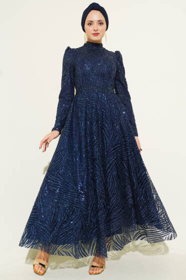 Desenli Simli Pullu Abiye Elbise Lacivert - Elbise