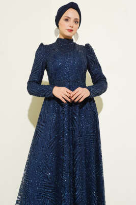 Desenli Simli Pullu Abiye Elbise Lacivert - Elbise