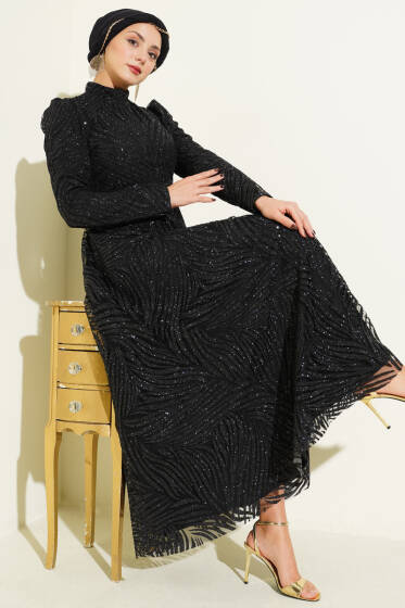 Desenli Simli Pullu Abiye Elbise Siyah - Elbise