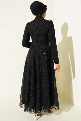 Desenli Simli Pullu Abiye Elbise Siyah - Elbise