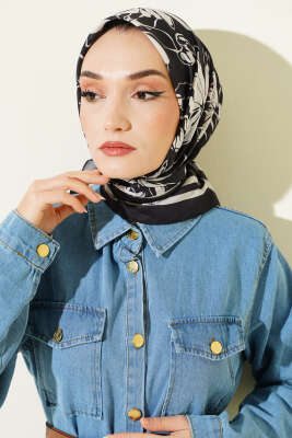 Desenli Siyah Serisi Eşarp Asorti 10 - Başörtüsü