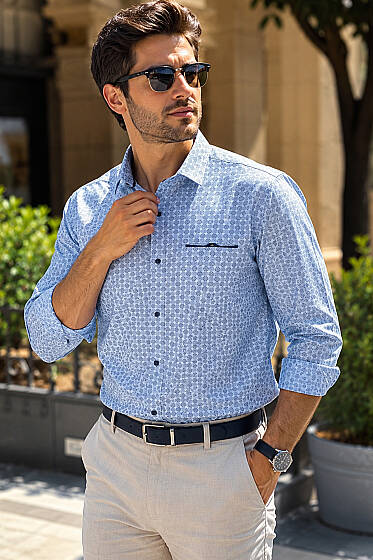 Desenli Slim Fit Uzun Kol Erkek Gömlek Bebe Mavi - Kampanyalı Ürünler