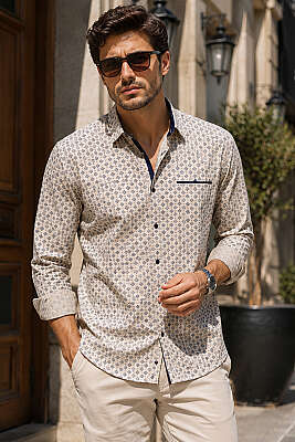 Desenli Slim Fit Uzun Kol Erkek Gömlek Bej 
