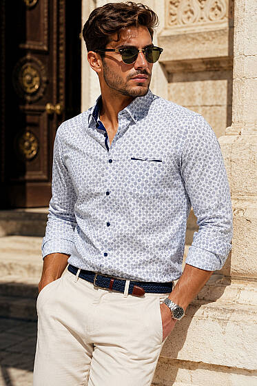 Desenli Slim Fit Uzun Kol Erkek Gömlek Beyaz - Erkek Gömlek