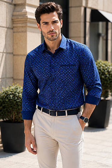 Desenli Slim Fit Uzun Kol Erkek Gömlek Lacivert - Kampanyalı Ürünler