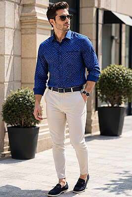 Desenli Slim Fit Uzun Kol Erkek Gömlek Lacivert - Kampanyalı Ürünler