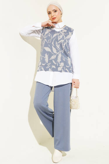 Desenli Süveterli Üçlü Takım İndigo - İKİLİ TAKIM