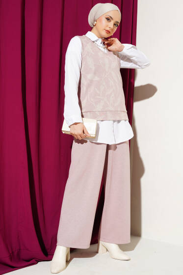 Desenli Süveterli Üçlü Takım Pudra - İKİLİ TAKIM