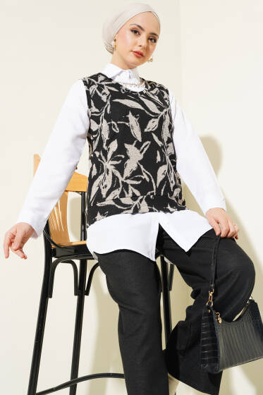 Desenli Süveterli Üçlü Takım Siyah - İKİLİ TAKIM