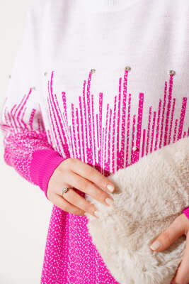 Desenli Taşlı Triko Elbise Fuşya - Tesettür Elbise