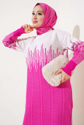 Desenli Taşlı Triko Elbise Fuşya - Tesettür Elbise