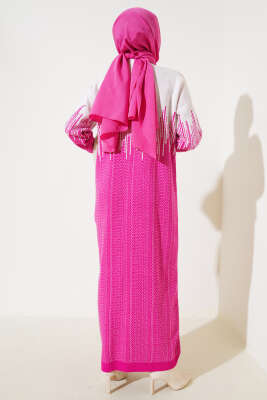 Desenli Taşlı Triko Elbise Fuşya - Tesettür Elbise