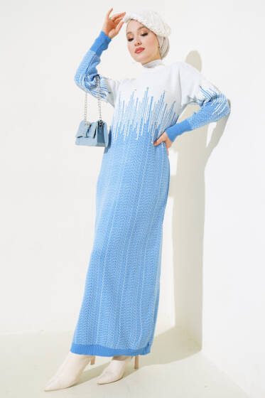 Desenli Taşlı Triko Elbise İndigo - Elbise