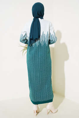 Desenli Taşlı Triko Elbise Zümrüt - Tesettür Elbise