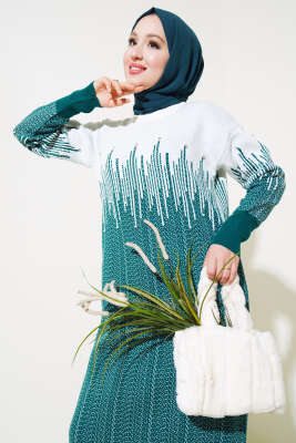 Desenli Taşlı Triko Elbise Zümrüt - Tesettür Elbise