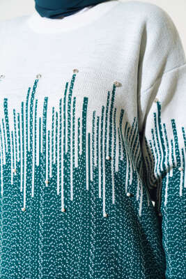 Desenli Taşlı Triko Elbise Zümrüt - Tesettür Elbise