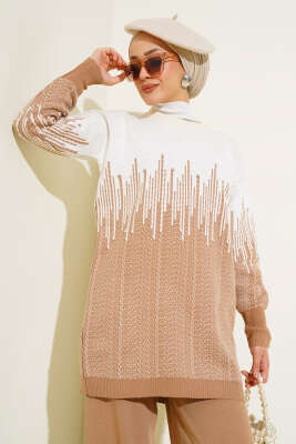 Desenli Taşlı Triko İkili Takım Büsküvi - Triko İkili Takım