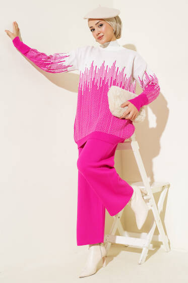 Desenli Taşlı Triko İkili Takım Fuşya - İkili Takım