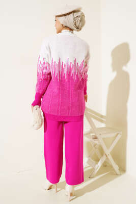 Desenli Taşlı Triko İkili Takım Fuşya - Triko İkili Takım