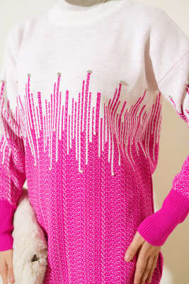 Desenli Taşlı Triko İkili Takım Fuşya - Triko İkili Takım