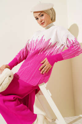 Desenli Taşlı Triko İkili Takım Fuşya - Triko İkili Takım