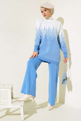 Desenli Taşlı Triko İkili Takım İndigo 