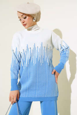 Desenli Taşlı Triko İkili Takım İndigo - Triko İkili Takım