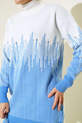 Desenli Taşlı Triko İkili Takım İndigo - Triko İkili Takım