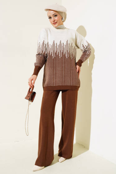 Desenli Taşlı Triko İkili Takım Kahve - İkili Takım