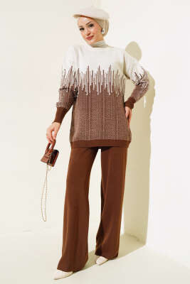 Desenli Taşlı Triko İkili Takım Kahve 