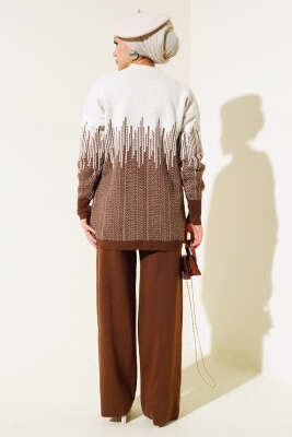 Desenli Taşlı Triko İkili Takım Kahve - Triko İkili Takım