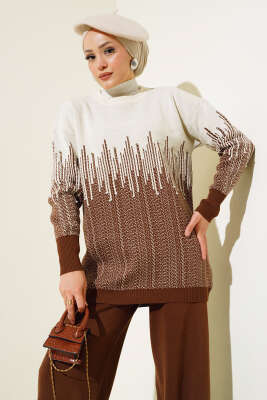 Desenli Taşlı Triko İkili Takım Kahve - Triko İkili Takım