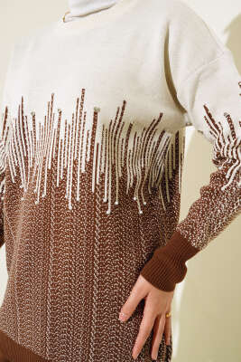 Desenli Taşlı Triko İkili Takım Kahve - Triko İkili Takım