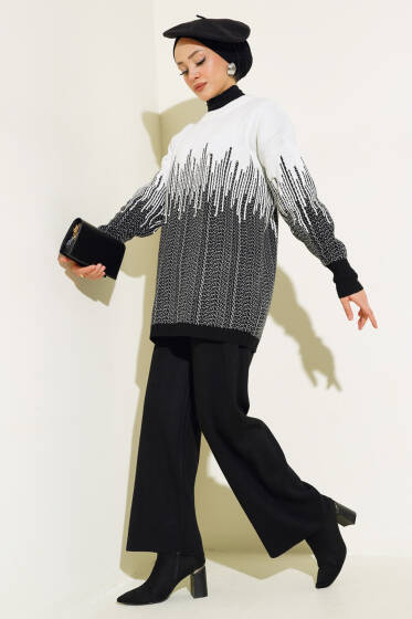 Desenli Taşlı Triko İkili Takım Siyah - İkili Takım