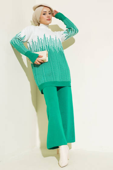 Desenli Taşlı Triko İkili Takım Zümrüt - İkili Takım