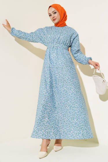 Desenli Terikoton Elbise Mavi - Elbise