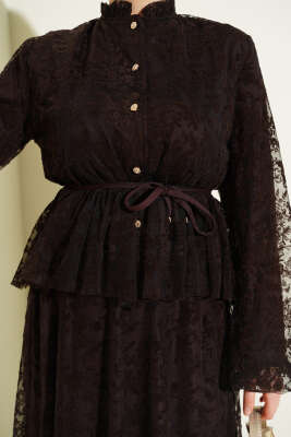 Desenli Tül Etekli Kahve - İkili Takım