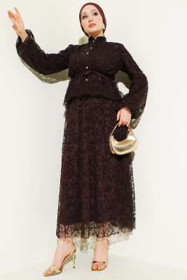 Desenli Tül Etekli Kahve - TABLO FASHİON