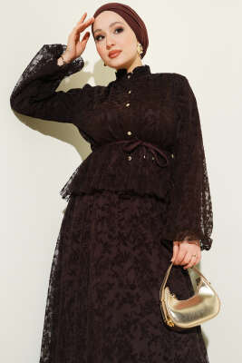 Desenli Tül Etekli Kahve - İkili Takım